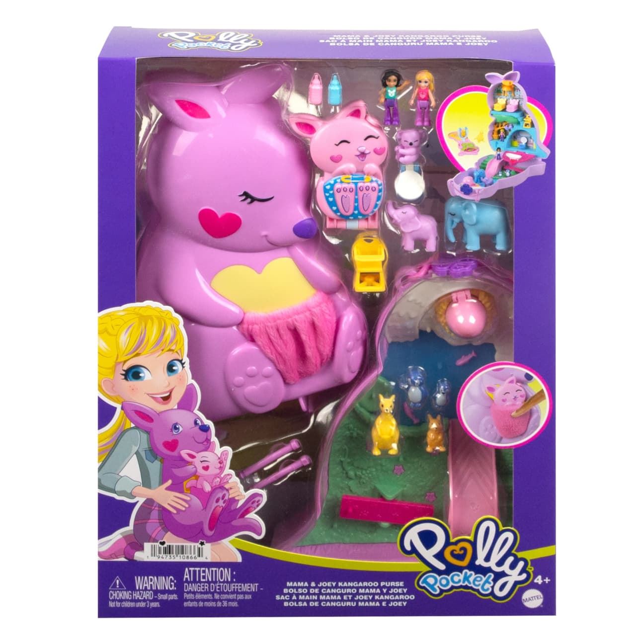 Polly Pocket Mama & Joey Kangaroo Purse Playset HKV50 – Mattel 2-in-1 Compact Travel Bag with 2 Micro Dolls, 7 Animals & Accessories